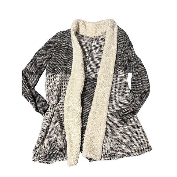 En Crème | Marled Open Front Cardigan Sweater Black White Sherpa Vegan Lambs Woo - Picture 4 of 9